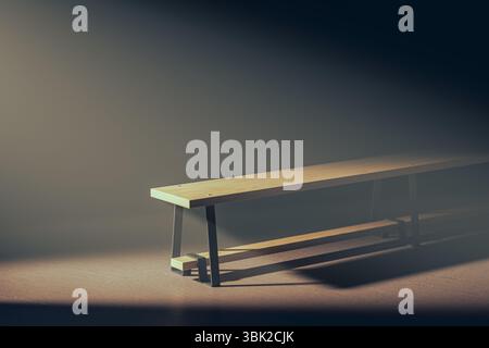 Banc en bois est assis dans une pièce sombre. La pièce est faiblement éclairée, et le banc est la seule source de lumière. Le banc est vide, et il semble attendre que quelqu'un s'asseye dessus. rendu 3d. Banque D'Images