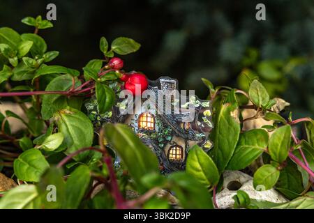 Petite maison colorée pour les elfes cachés dans le jardin, maison de Baba Yaga, décorations de jardin, conception de l'espace dans le jardin à la maison Banque D'Images