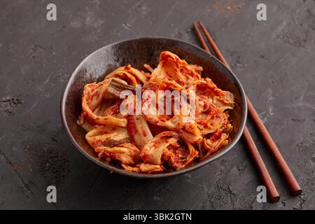 Ragoût de kimchi épicé dans un bol – un aliment coréen traditionnel, fermenté, copieux et réchauffant, parfait pour manger propre, coiffer les aliments ou déjeuner d'hiver Banque D'Images