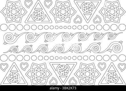Un motif linéaire sans couture avec des formes géométriques d'inspiration indienne, des étoiles, des triangles, des cercles, des coeurs, et des éléments de tourbillon floral dans un contour noir sur Illustration de Vecteur