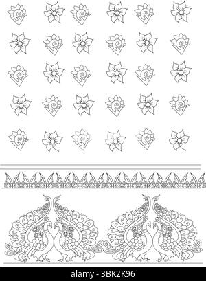 Ensemble d'éléments décoratifs indiens traditionnels avec ligne détaillée Comprend des motifs floraux stylisés répétitifs, une bordure horizontale complexe d Illustration de Vecteur