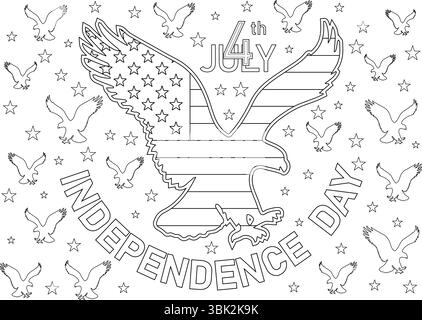 Illustration au trait noir et blanc pour le jour de l'indépendance, avec un aigle à tête blanche recouvert du motif du drapeau américain, entouré d'étoiles et du texte Illustration de Vecteur
