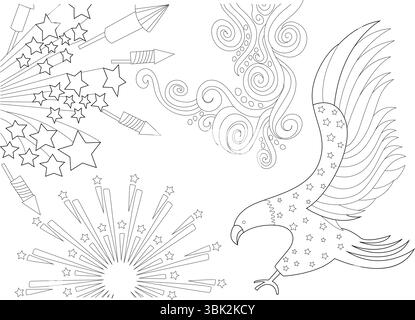 Illustration graphique en noir et blanc représentant les symboles du jour de l'indépendance américaine et de la célébration du 4 juillet. Comprend feux d'artifice décoratifs, bu Illustration de Vecteur