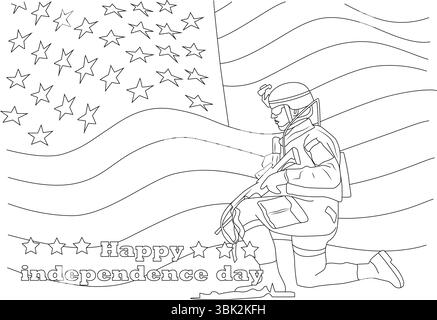Illustration d'art au trait noir et blanc pour le jour de l'indépendance mettant en scène un soldat agenouillé devant un drapeau américain agitant avec « Happy Independence da » Illustration de Vecteur
