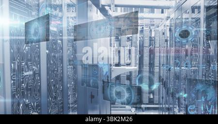 Affichage des schémas des circuits de diffusion des armoires de rack de serveur central, voyants lumineux dans le couloir central Banque D'Images