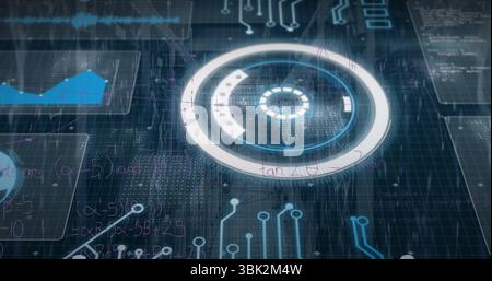 Affichage HUD circulaire sur l'interface, montrant des graphiques, des formes d'onde, des formules, des circuits et des données binaires Banque D'Images