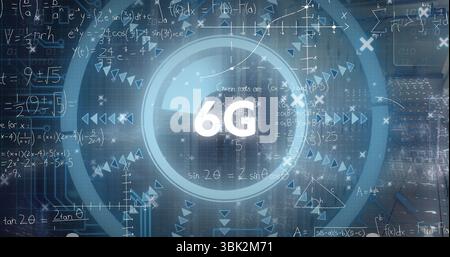 Affichage de l'interface virtuelle brillante avec le symbole 6G à l'écran, avec des anneaux, des formules et des nœuds de réseau Banque D'Images