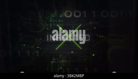 Affichage graphique X néon-vert superposition INFECTÉ sur l'interface cyber, avec code binaire flottant Banque D'Images