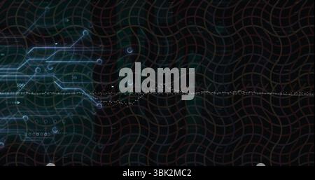 Affichage des lignes bleues néon, des nœuds, des flèches fusionnant en forme d'onde pointillée sur une grille ondulée sombre, espace de copie Banque D'Images