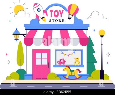 Illustration vectorielle de magasin de jouets présentant différents types de jouets tels que les voitures, ours en peluche, cerfs-volants, fusées, trains, et plus pour les enfants heureux Illustration de Vecteur