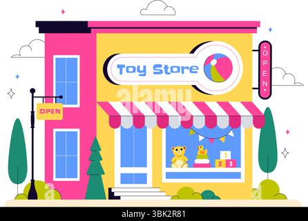 Illustration vectorielle de magasin de jouets présentant différents types de jouets tels que les voitures, ours en peluche, cerfs-volants, fusées, trains, et plus pour les enfants heureux Illustration de Vecteur