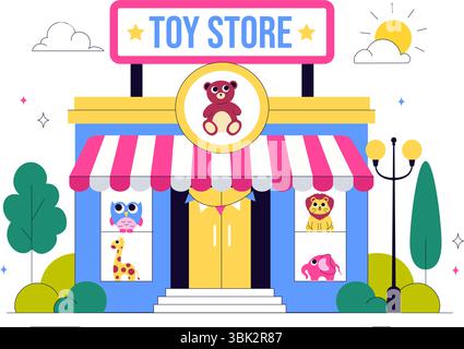 Illustration vectorielle de magasin de jouets présentant différents types de jouets tels que les voitures, ours en peluche, cerfs-volants, fusées, trains, et plus pour les enfants heureux Illustration de Vecteur