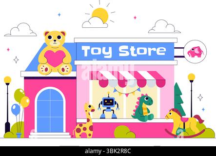 Illustration vectorielle de magasin de jouets présentant différents types de jouets tels que les voitures, ours en peluche, cerfs-volants, fusées, trains, et plus pour les enfants heureux Illustration de Vecteur