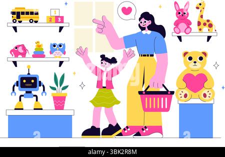Illustration vectorielle de magasin de jouets présentant différents types de jouets tels que les voitures, ours en peluche, cerfs-volants, fusées, trains, et plus pour les enfants heureux Illustration de Vecteur