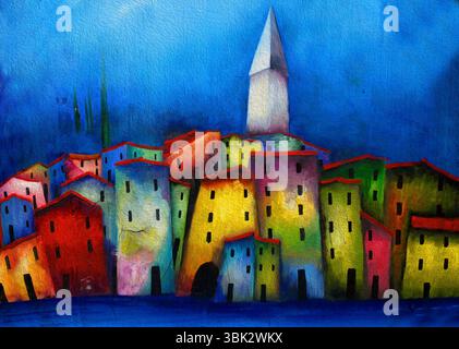 Petites maisons confortables sur la peinture à l'huile le soir Banque D'Images