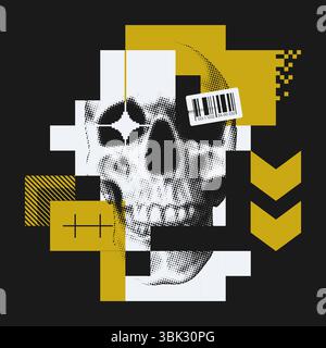 Collage abstrait de style brutaliste avec crâne demi-ton et formes géométriques. Graphismes de style postmoderne. Vecteur EPS10. Illustration de Vecteur