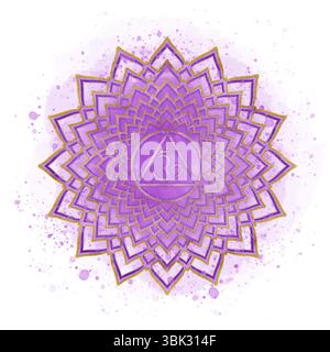 Couronne chakra Sahasrara sur fond d'aquarelle lilas avec éclaboussures. Élégant chakra doré avec symbole sanskrit. Clipart d'équilibre énergétique. Dessiné à la main wa Banque D'Images
