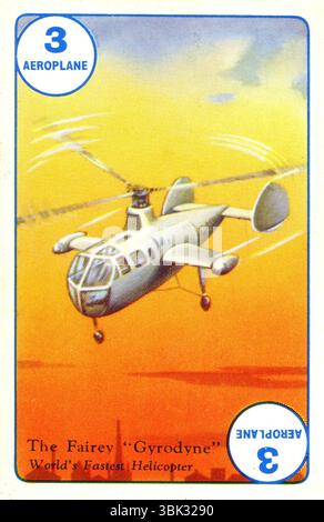 Une carte à jouer d'un jeu intitulé "Speed", publié par Castell Brothers Ltd., Londres en 1954 dans le cadre de leur série "Pepys". La carte est intitulée « le Fairey Gyrodyne – l’hélicoptère le plus rapide du monde ». Il représente le Fairey Jet Gyrodyne, un gyroavion expérimental britannique construit par la Fairey Aviation Company qui incorpore des caractéristiques d'hélicoptère, de gyrodyne et d'autogyre. Il a effectué son premier vol en 1954 et a été retiré en 1961. Banque D'Images