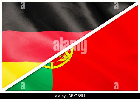 Affichage de drapeaux plats allemands et portugais avec armoiries portugaises sur fond blanc Banque D'Images
