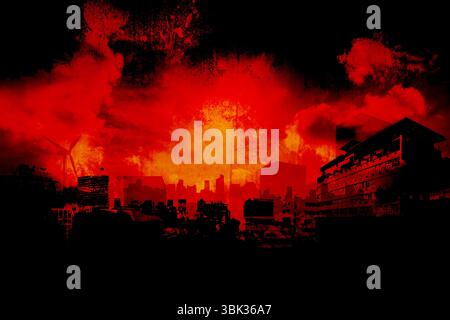 La silhouette de la ville au design plat s'élève comme une silhouette noire avec une éolienne sur un ciel rouge-orange Banque D'Images