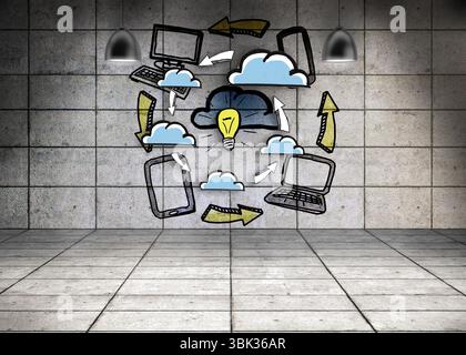 Industrial Wall montre une infographie de cloud computing de conception plate avec des appareils et une icône d'ampoule de cerveau Banque D'Images