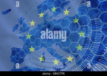 La carte silhouettée de l'Europe apparaît dans un design numérique plat, avec grille hexagonale, code binaire, étoiles de l'UE Banque D'Images