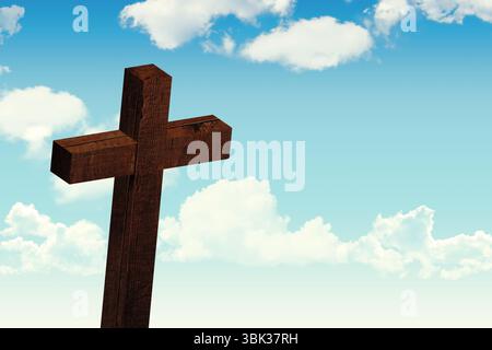 La croix en bois brun foncé est debout dans un design plat, montrant le grain de bois visible et des nuages blancs Banque D'Images