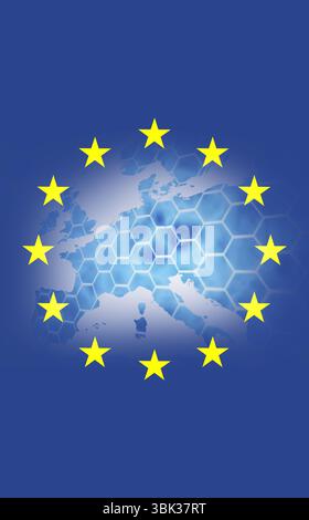 L'emblème de l'UE est montré dans un design plat avec une grille hexagonale et des étoiles jaunes sur la silhouette de l'Europe Banque D'Images