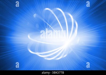 Sphère en spirale blanche brillante est en spirale dans l'espace numérique de conception plate, avec des faisceaux rayonnants Banque D'Images