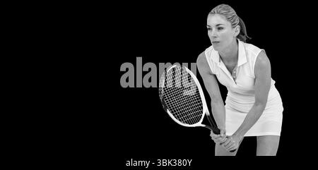 Joueur de tennis féminin tient la raquette et se penche en avant dans l'illustration plate avec fond noir Banque D'Images