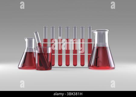 La verrerie transparente est montrée sur un plateau de table blanc avec un liquide rouge dans des tubes à essai, conception plate Banque D'Images