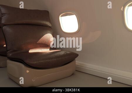 Rendu 3D montrant le siège d'avion en cuir tan à côté des fenêtres ovales projetant la lueur sur le mur blanc de la cabine Banque D'Images