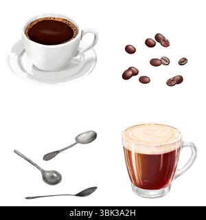 Café avec du lait dans une tasse claire, et café noir dans une tasse en porcelaine. Illustration aquarelle. Un ensemble de tasses à café chaud, cuillères et grains de café, isol Banque D'Images