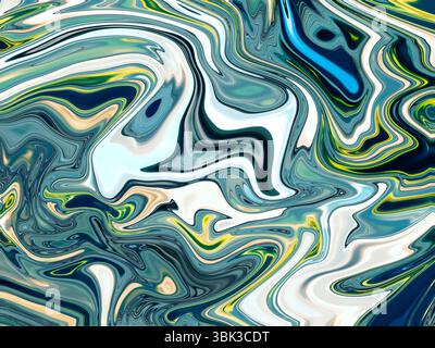 Les tourbillons vibrants de couleurs vert, bleu et crème fusionnent harmonieusement, mettant en valeur le mouvement fluide et l'expression artistique dans une œuvre d'art numérique moderne. Banque D'Images