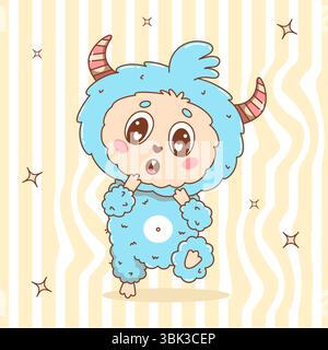 Mignon petit monstre surpris. Personnage drôle de dessin animé kawaii sur fond Groovy Distorted Stripe. Illustration vectorielle. Collection enfants pour autocollant, Illustration de Vecteur