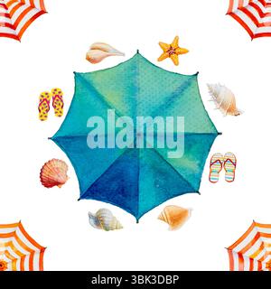 Modèle d'accessoires de style d'été sans couture tendance dans la peinture aquarelle vue de dessus colorée de parapluie et de tourisme d'affaires mer, station balnéaire, céramique w Banque D'Images