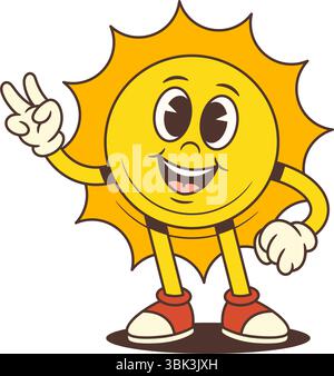Mascotte solaire jaune joyeuse debout avec un sourire confiant et montrant un geste de la main de victoire dans un style de dessin animé vintage. Idéal pour le contenu de l'été, son Illustration de Vecteur