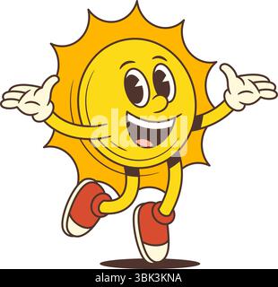 Personnage de soleil de dessin animé énergique avec des gants et des baskets sautant avec les bras grands ouverts et expression joyeuse. Idéal pour les designs d'été, le contenu pour enfants, p Illustration de Vecteur