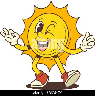 Mascotte de soleil de dessin animé souriant dansant avec joie, faisant un clin d'œil et faisant un signe de main OK dans un style d'animation vintage gai. Convient pour les médias sociaux, le design Illustration de Vecteur