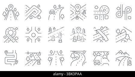 Icône de ligne de route. Pont de tunnel de rue d'autoroute, route sinueuse avec des flèches de direction de virage, carrefour et rond-point éléments infographiques de trafic. Vecteur Illustration de Vecteur