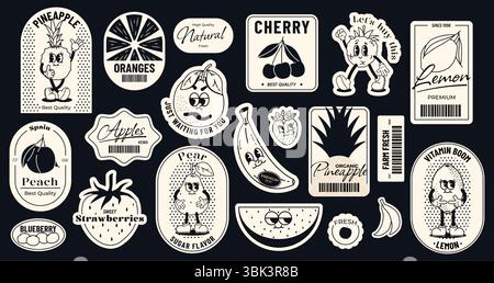 Emblème alimentaire de dessin animé rétro. Autocollants comiques vintage aux fruits avec des visages drôles, étiquette mascotte pomme citron banane orange framboise. Aliments et fruits vectoriels Illustration de Vecteur