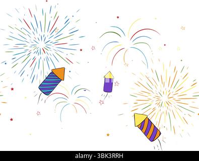 Feux d'artifice explosion festive éclats d'or, étincelle frontière horizontale sans couture. Illustration vectorielle d'encre de ligne graphique. Décoration de célébration de vacances. FO Illustration de Vecteur