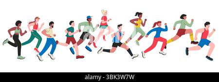 Coureurs. Personnages de course de dessin animé, groupe diversifié de personnes jogging et sprint, concept de course sportive, entraînement actif et athlète vecteur de fitness Illustration de Vecteur