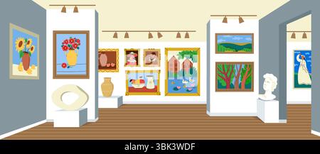 Intérieur de la galerie d'art. Exposition du musée avec peintures classiques et sculpture contemporaine, fond de complexe culturel de dessin animé. Illustration vectorielle Illustration de Vecteur