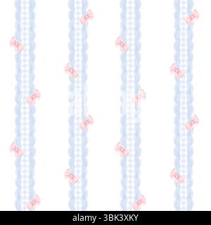 Motif de rayures verticales aquarelle avec carreaux Vichy bleus, bords festonnés et noeuds roses pour textiles, papier peint, emballage, scrapbooking, pépinière Banque D'Images