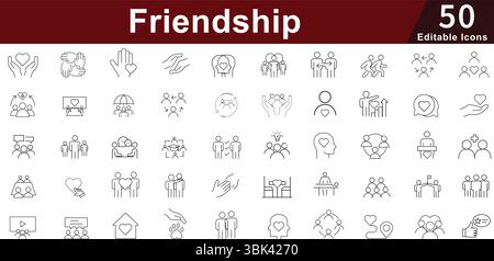 Friendly social Icon Set - 50 icônes de communauté de relations modifiables pour la connexion, le soutien et la collection de vecteurs d'interaction sociale Illustration de Vecteur