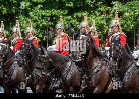 Life Guards du Household Cavalry Mounted Regiment (HCMR) au Trooping the Colour 2025, dans le Mall, Londres, Royaume-Uni. Banque D'Images