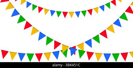 Guirlande drapeau rouge, vert, jaune et bleu. Chaîne de fanions triangulaires. Décoration de fête Festa Junina. Drapeaux de célébration pour la décoration. Illustration vectorielle Illustration de Vecteur