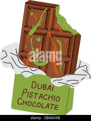 Barre de chocolat Dubaï avec remplissage de pâte de pistache dans l'emballage. Dessert gastronomique de luxe. Chocolat haut de gamme fait main, dessert au cacao. Illustration vectorielle Illustration de Vecteur