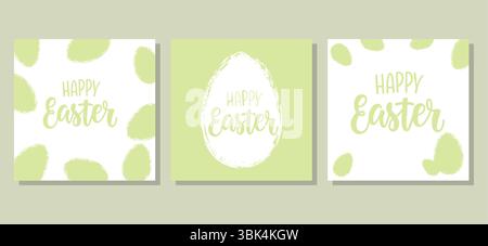 Lot de trois cartes de vœux de Pâques agrémentées d'une palette de couleurs vertes et blanches douces. Design de vacances moderne et minimaliste pour les fêtes saisonnières. VEC Illustration de Vecteur